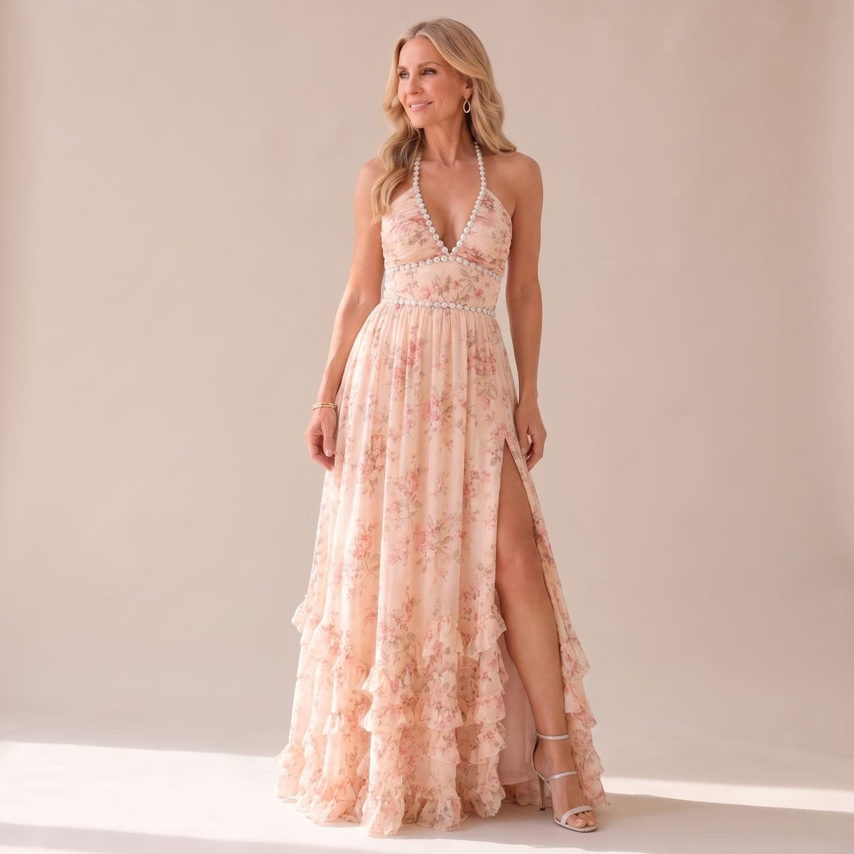 Women's Floral Pearl-Trim Halter Ruffle Maxi Dress
