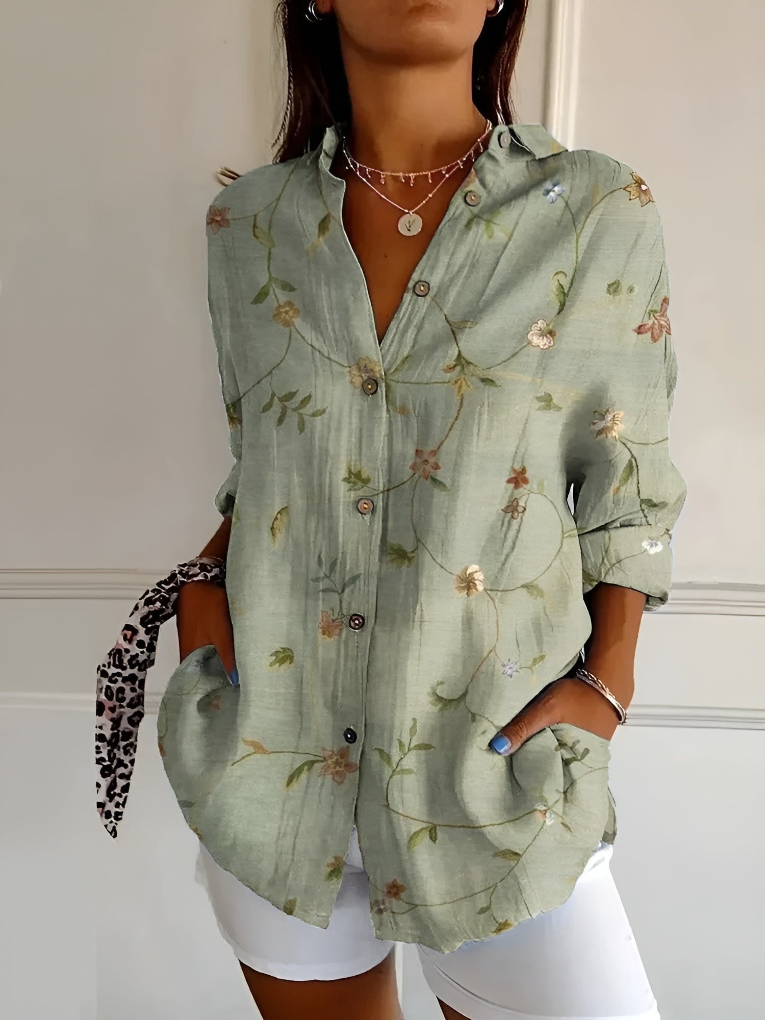Women's Floral Print Button-Down Relaxed Linen-Look Blouse - Green