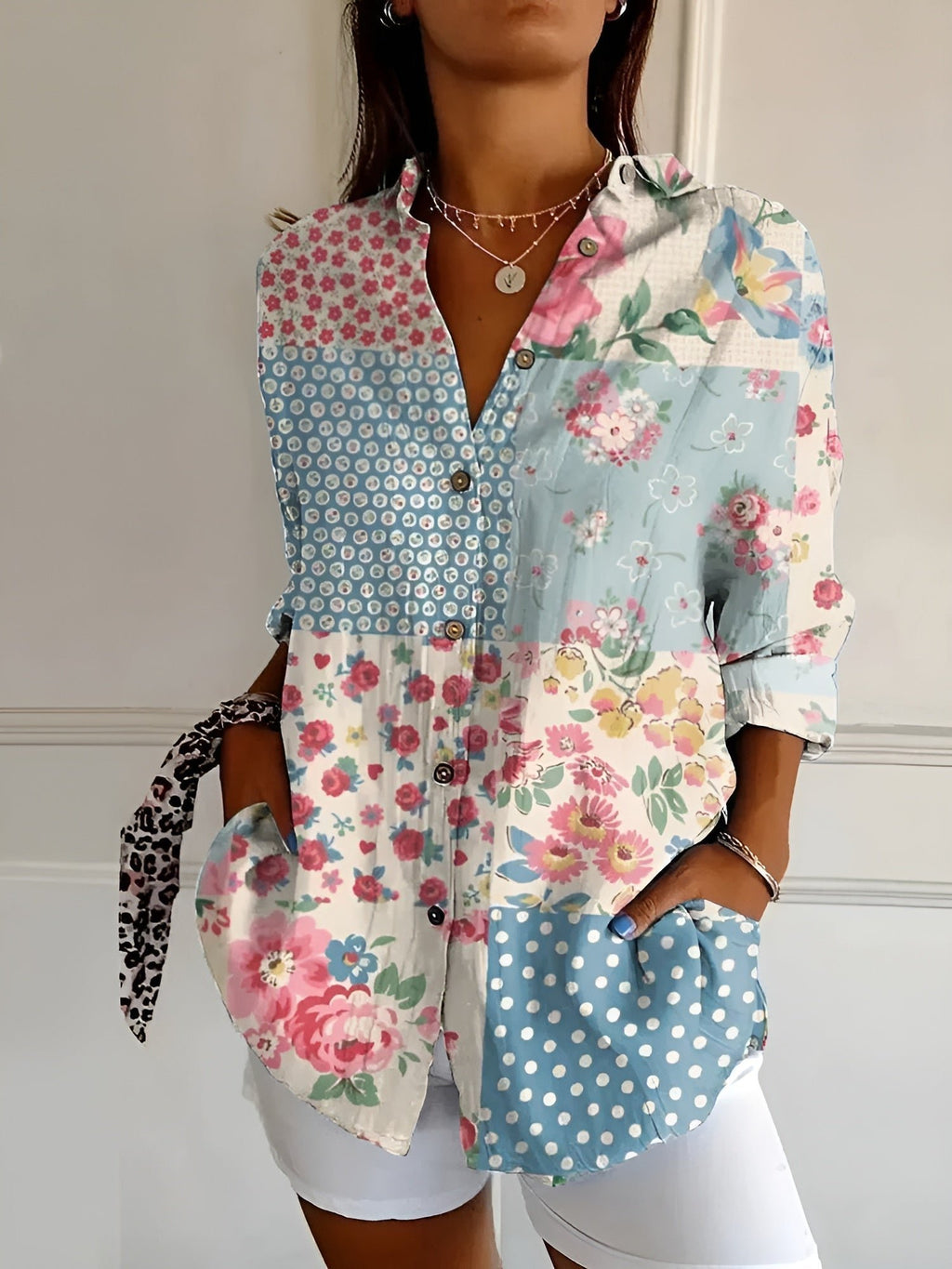 Women's Floral Print Button-Down Relaxed Linen-Look Blouse - Blue Flower