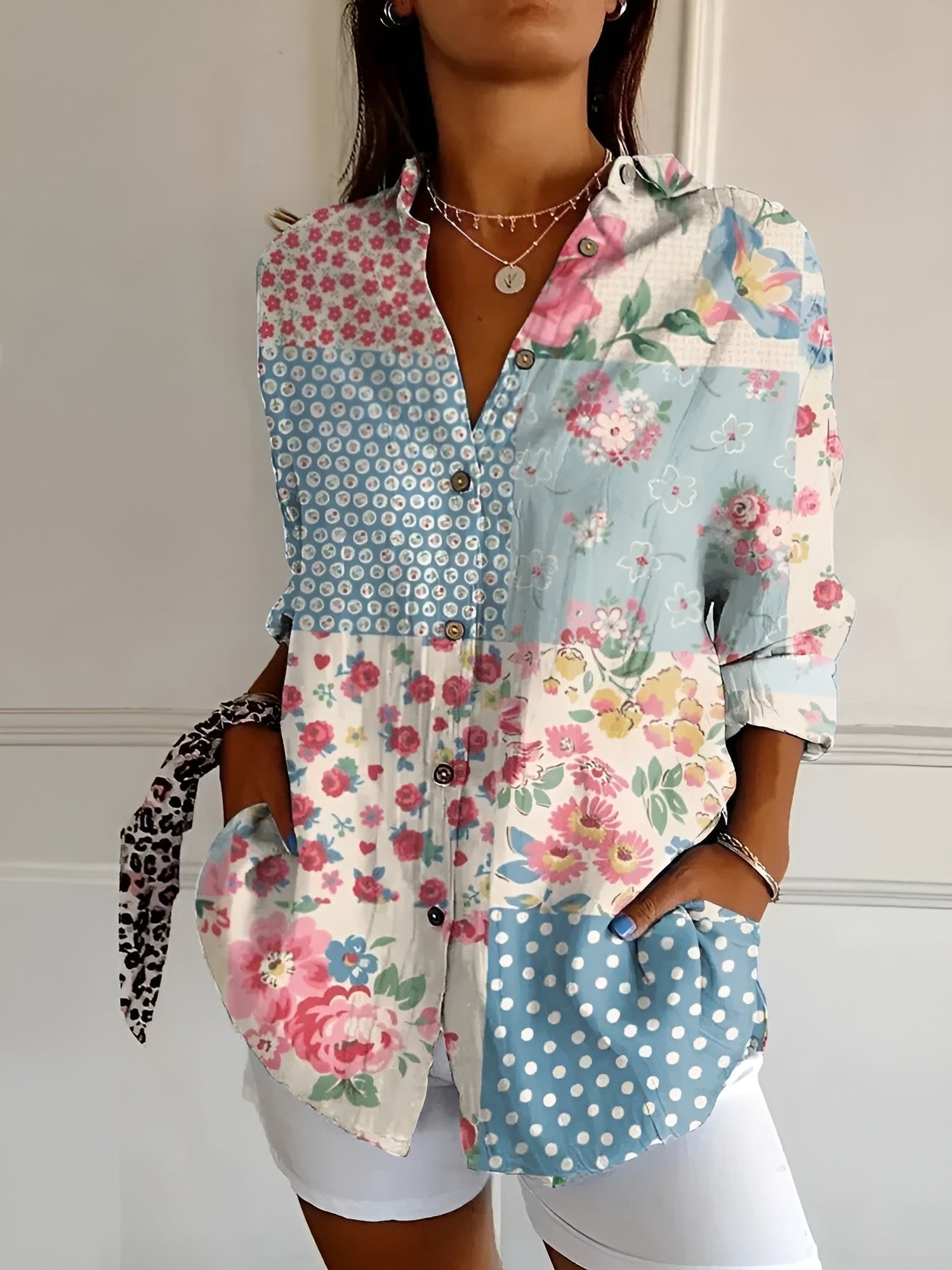 Women's Floral Print Button-Down Relaxed Linen-Look Blouse - Blue Flower