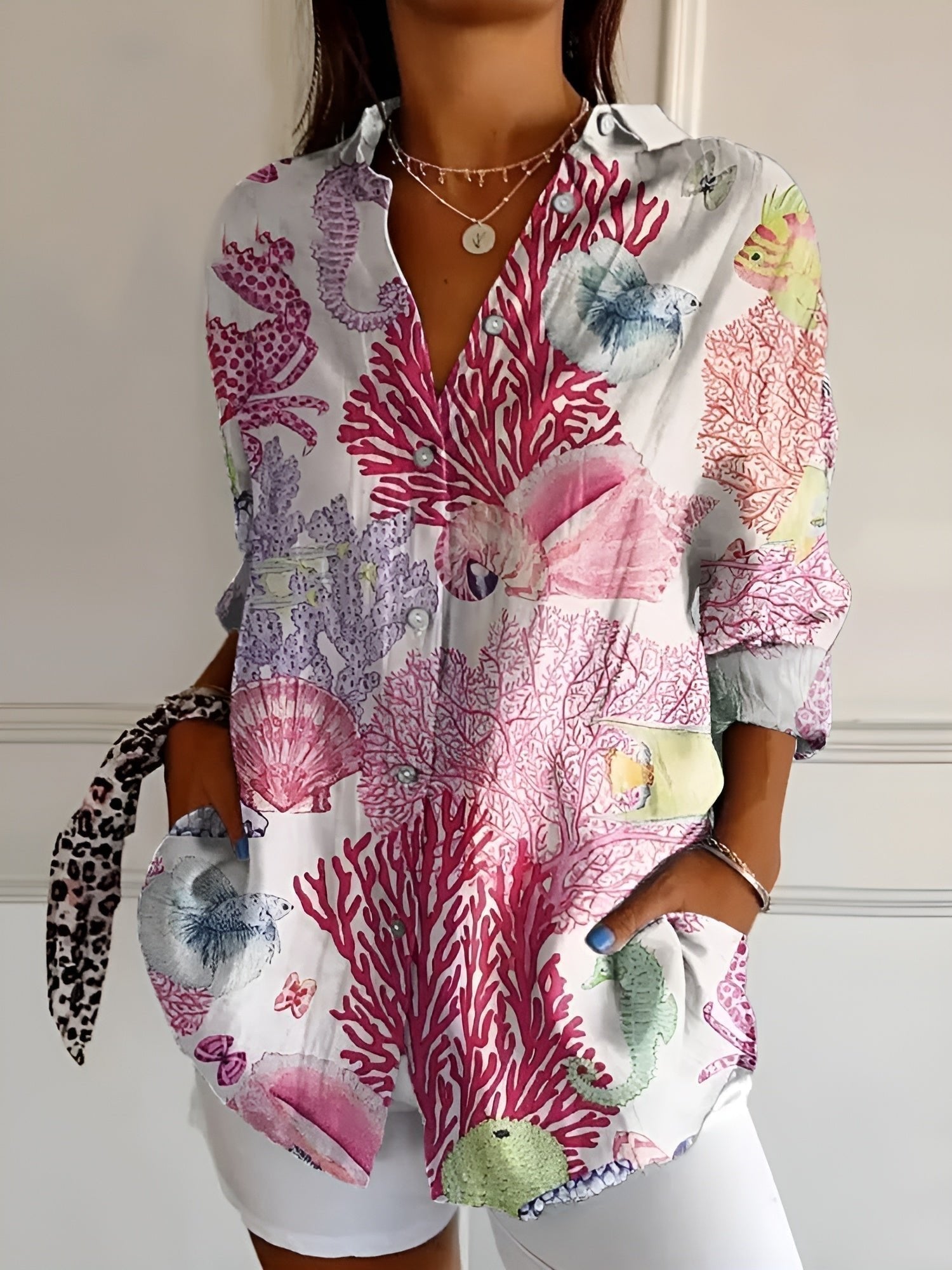 Women's Floral Print Button-Down Relaxed Linen-Look Blouse - Corals