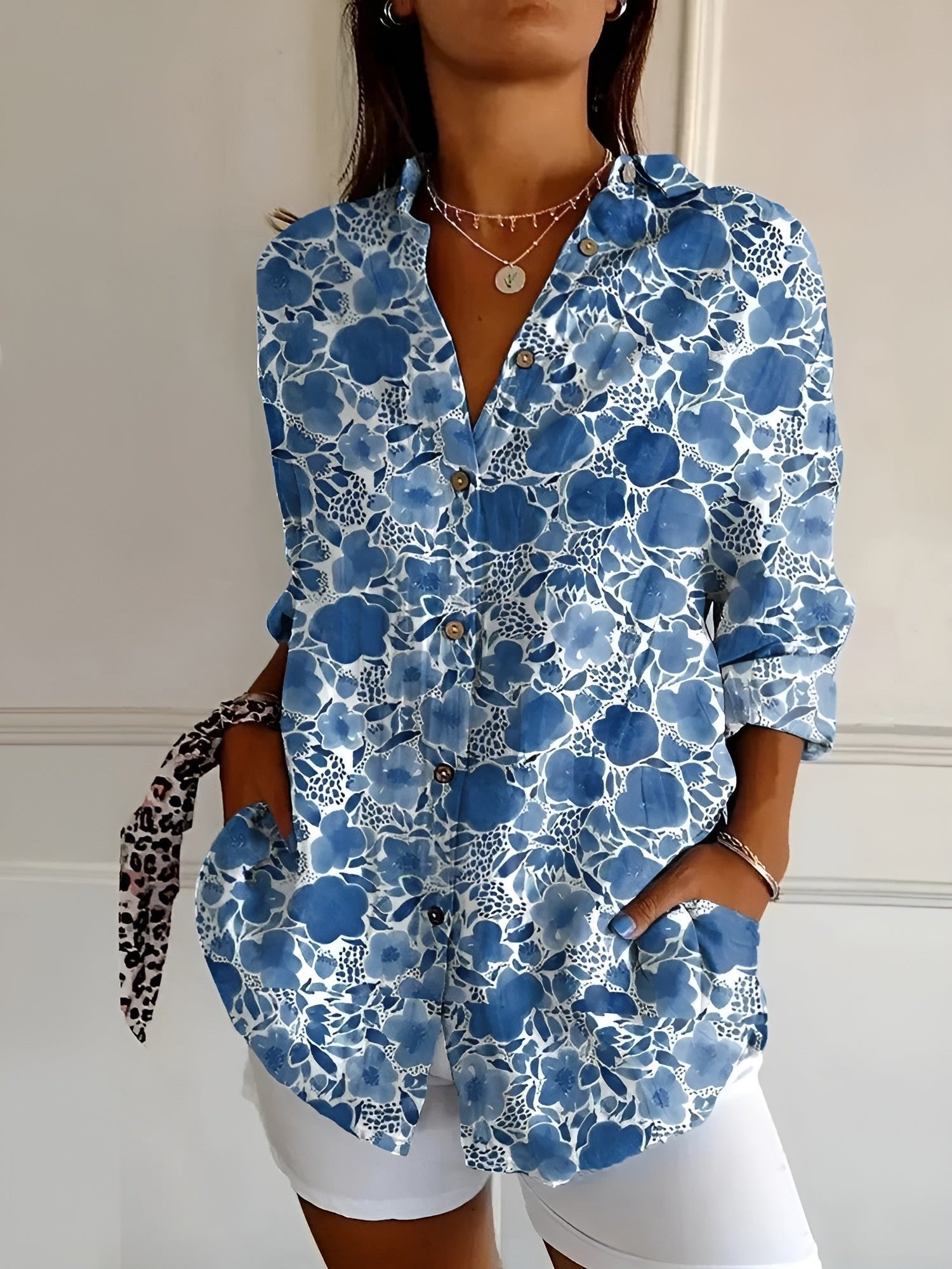 Women's Floral Print Button-Down Relaxed Linen-Look Blouse - Dark Blue Flower