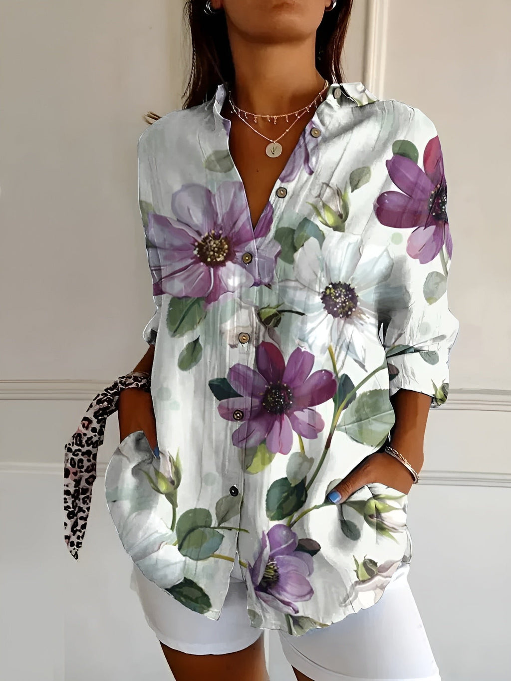 Women's Floral Print Button-Down Relaxed Linen-Look Blouse - Purple Flowers