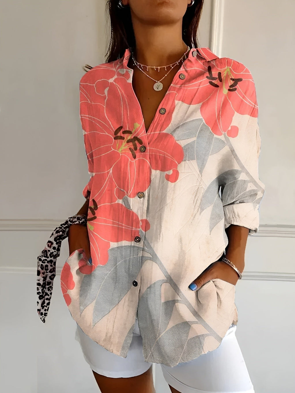 Women's Floral Print Button-Down Relaxed Linen-Look Blouse - Orange Flower