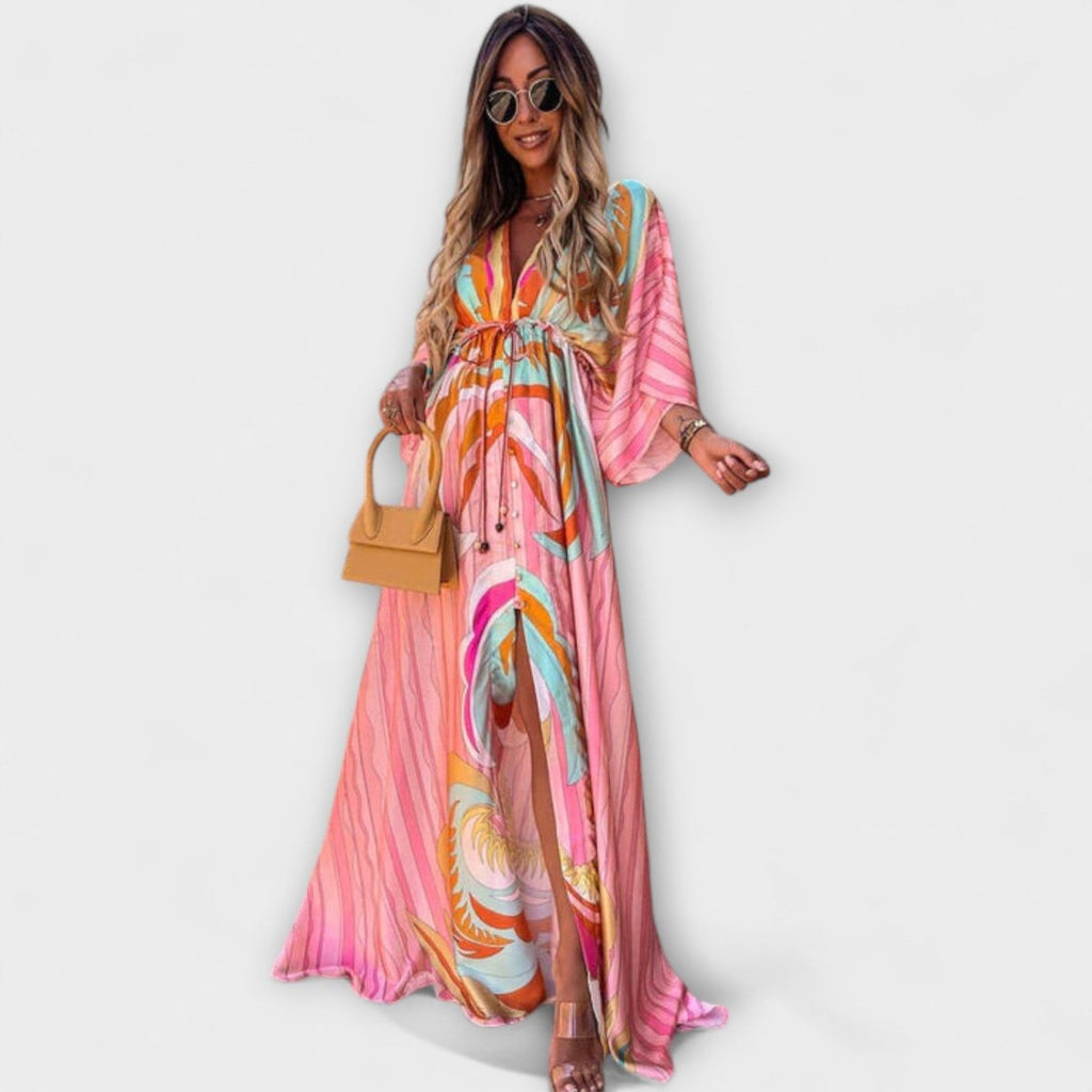 Women's Floral Print Drawstring V-Neck Boho Maxi Dress - Light Pink