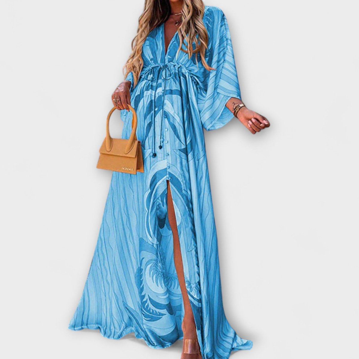 Women's Floral Print Drawstring V-Neck Boho Maxi Dress - Blue