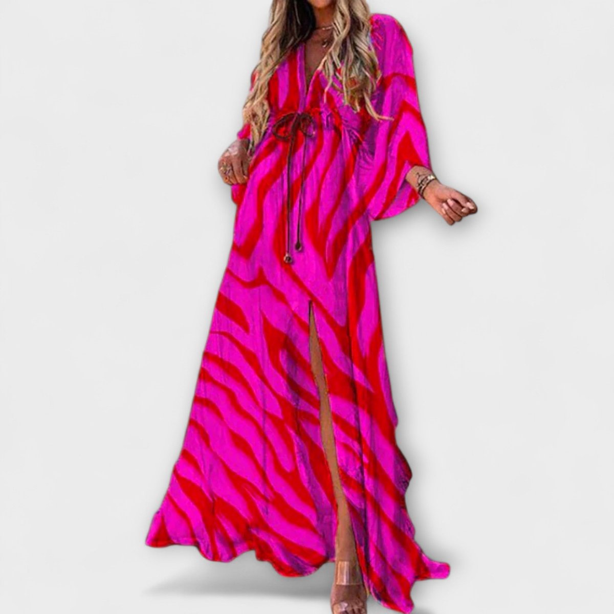 Women's Floral Print Drawstring V-Neck Boho Maxi Dress - Pink/Red