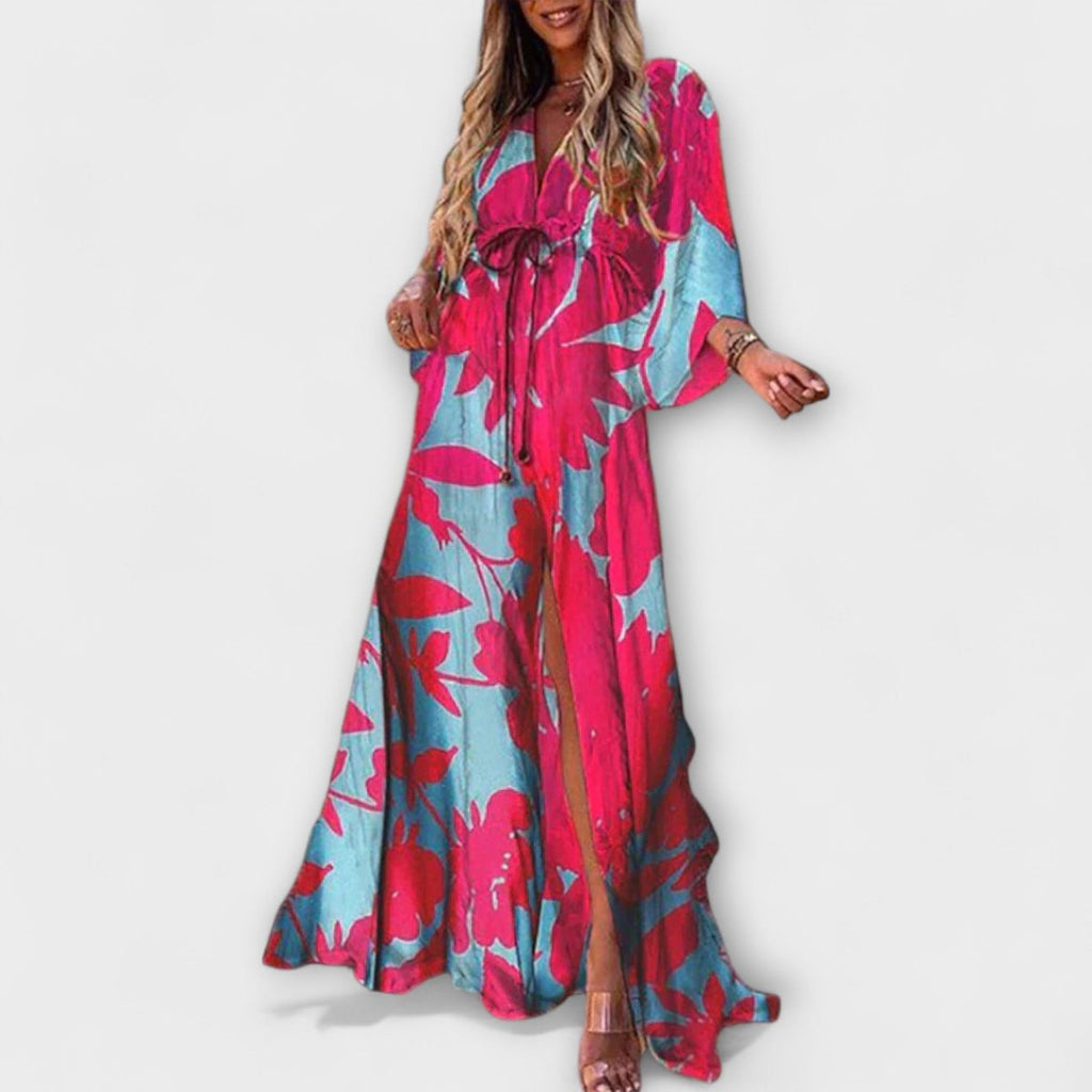 Women's Floral Print Drawstring V-Neck Boho Maxi Dress - Blue/Pink