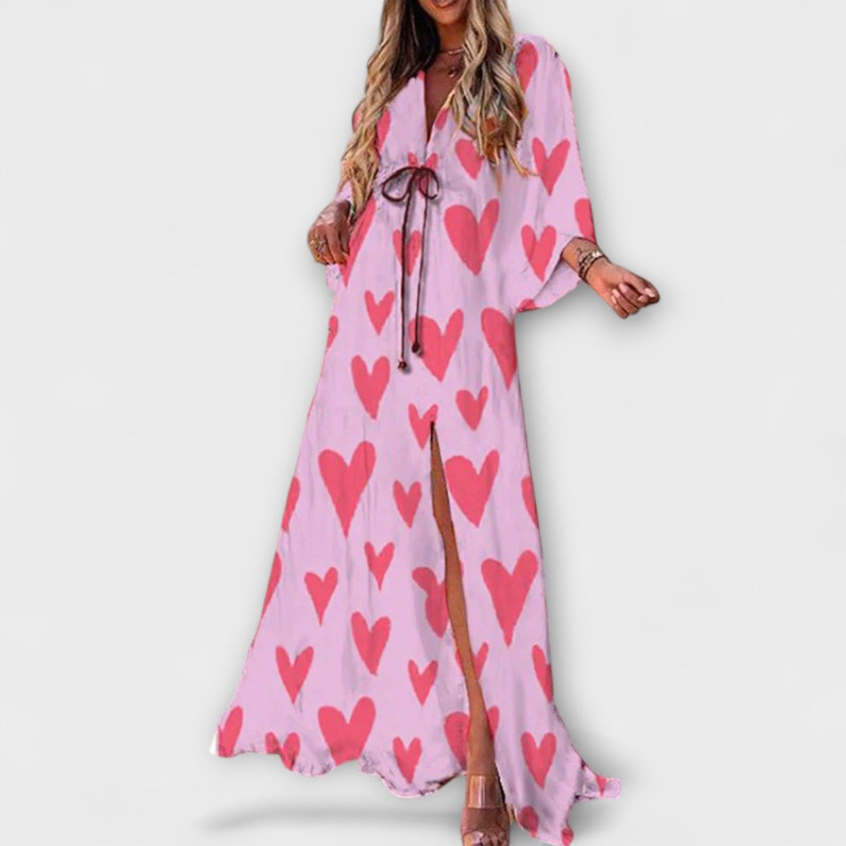 Women's Floral Print Drawstring V-Neck Boho Maxi Dress - Pink