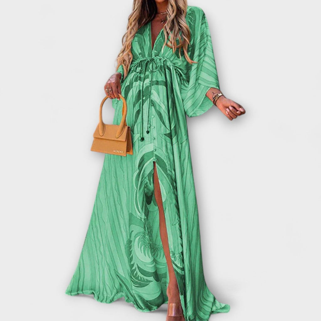 Women's Floral Print Drawstring V-Neck Boho Maxi Dress - Green