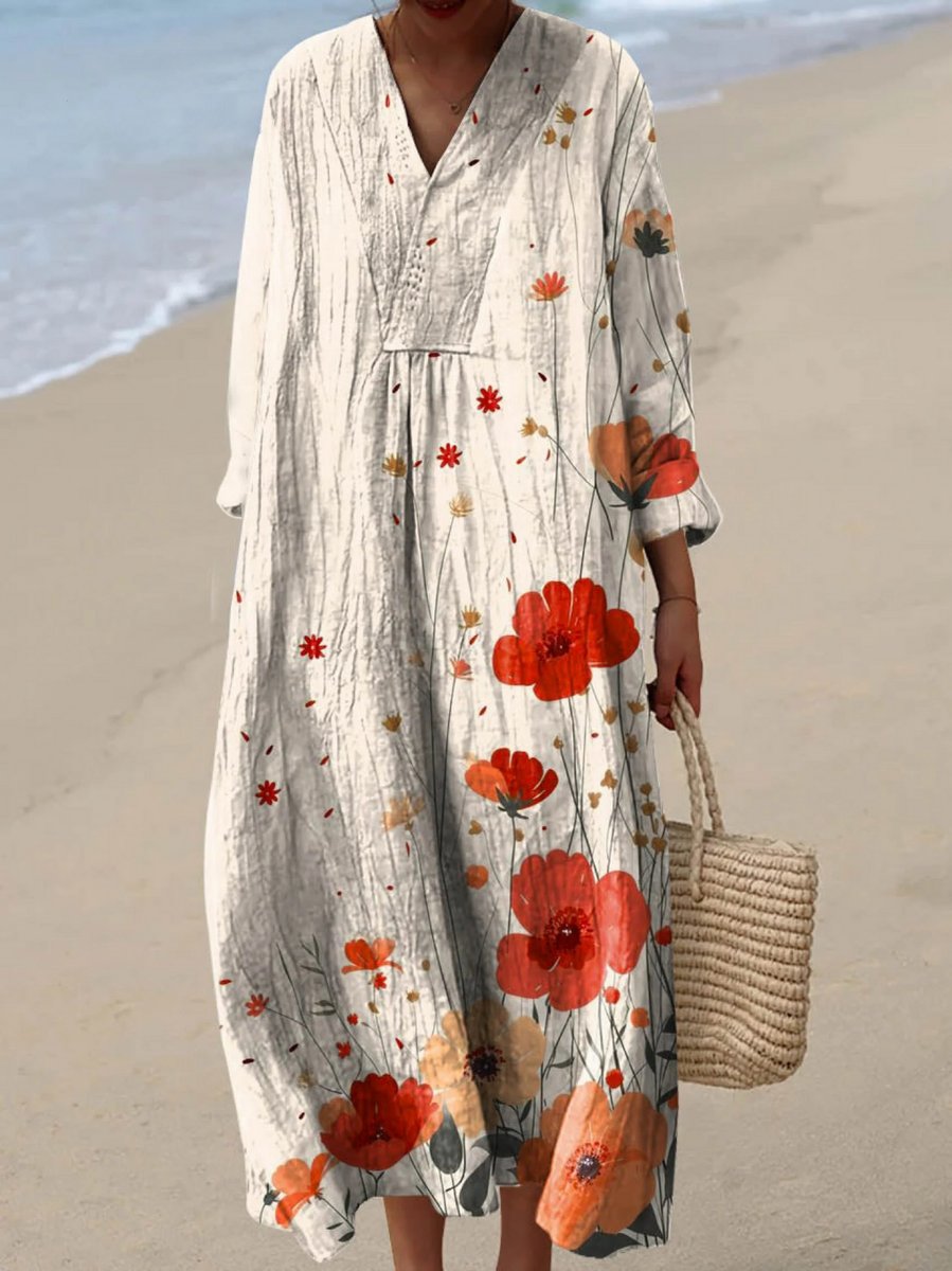 Women's Floral Print Long Sleeve Oversized Dress Maxi - Multicolor