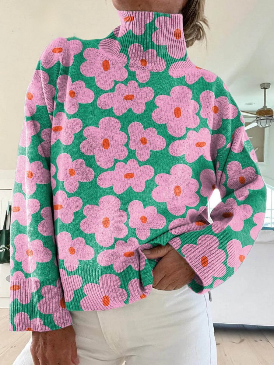 Women's Floral Print Mock Turtleneck Sweater Relaxed Fit - Multicolor