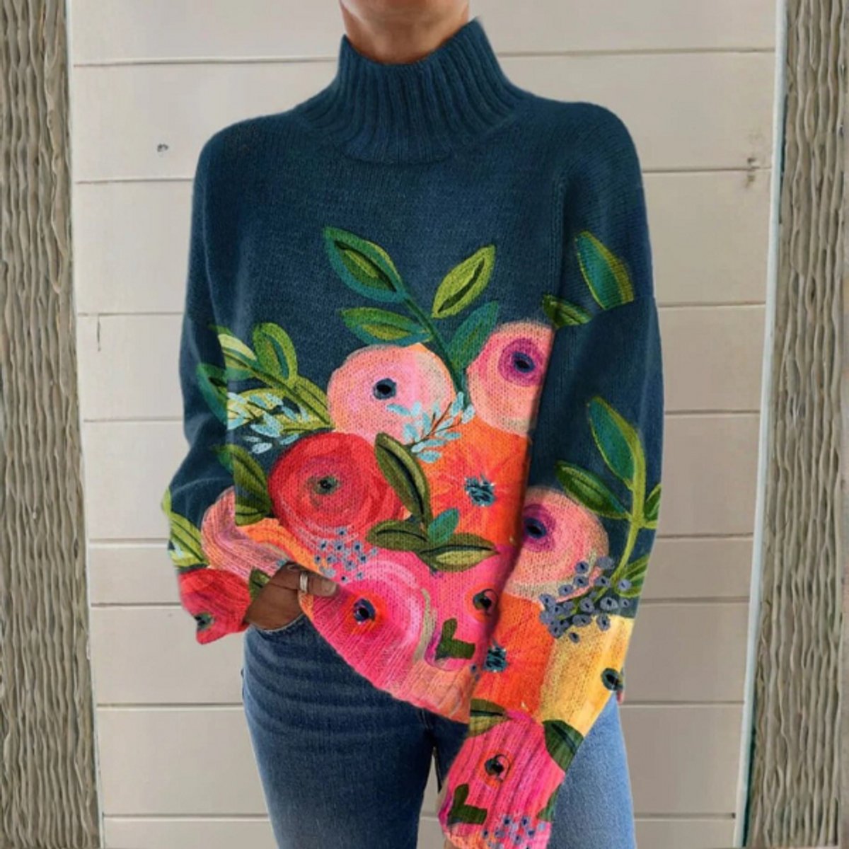Women's Floral Print Relaxed-Fit Knit Turtleneck Sweater - Multicolor