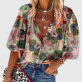 Women's Floral Print V-Neck Button-Up Relaxed Blouse - Green
