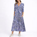 Women's Floral Print V-Neck Midi Fall Wedding Guest Dress - Blue