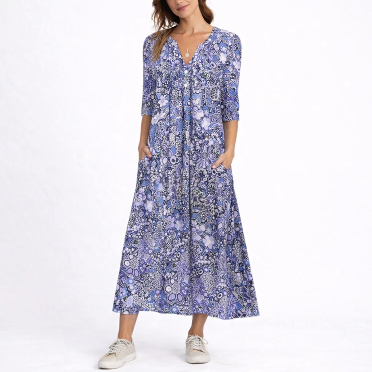 Women's Floral Print V-Neck Midi Fall Wedding Guest Dress - Blue