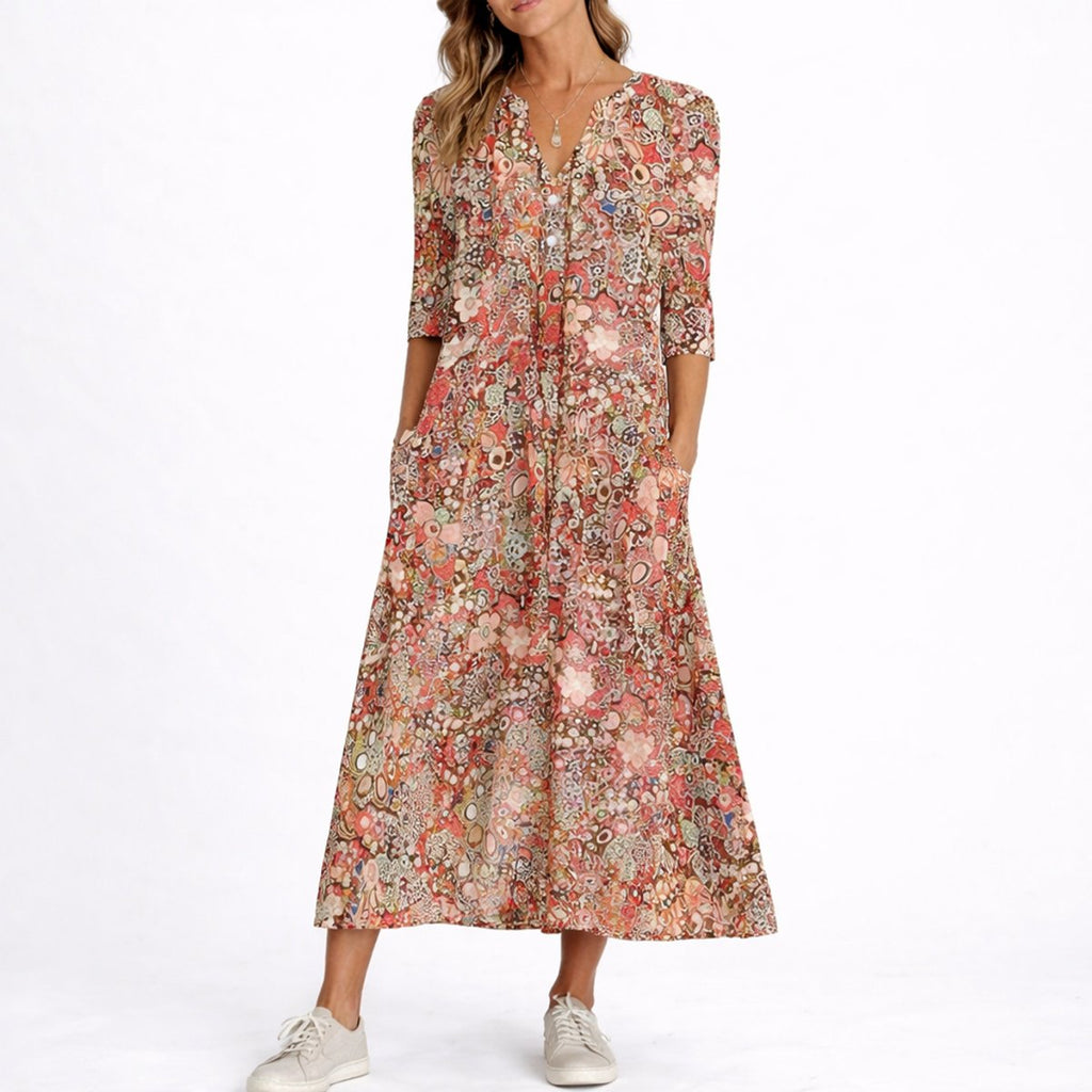 Women's Floral Print V-Neck Midi Fall Wedding Guest Dress - Red