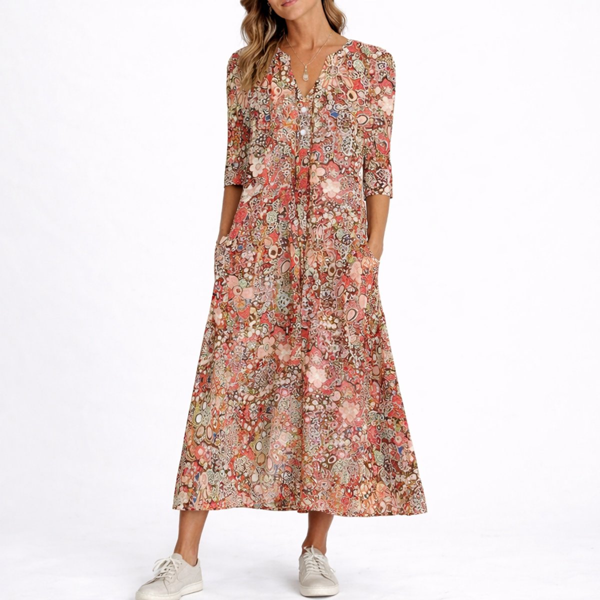 Women's Floral Print V-Neck Midi Fall Wedding Guest Dress - Red