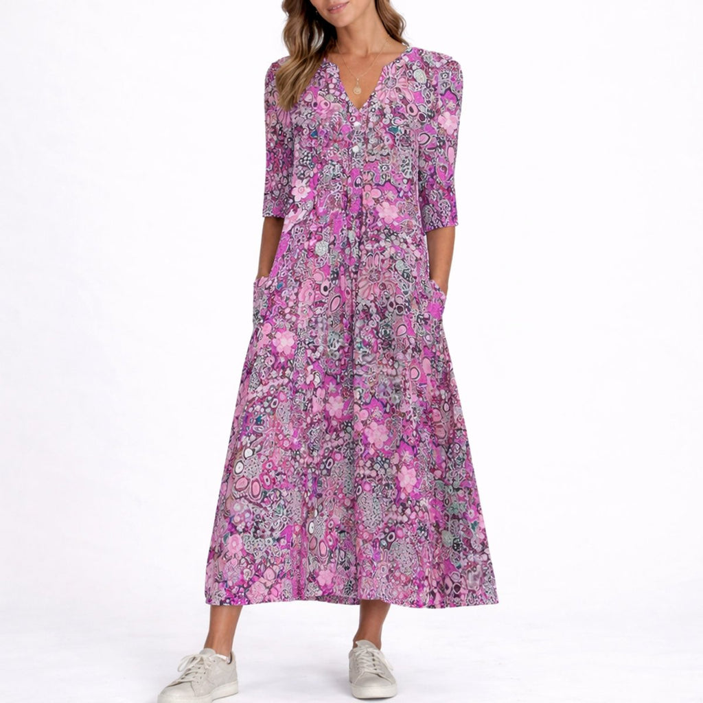 Women's Floral Print V-Neck Midi Fall Wedding Guest Dress - Purple
