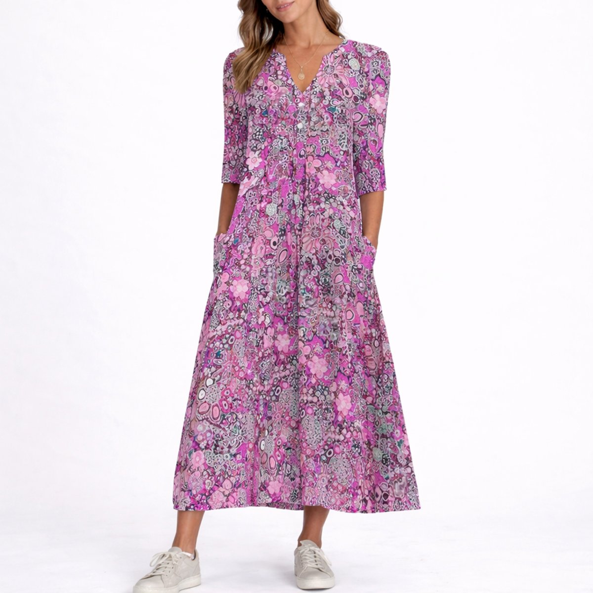 Women's Floral Print V-Neck Midi Fall Wedding Guest Dress - Purple