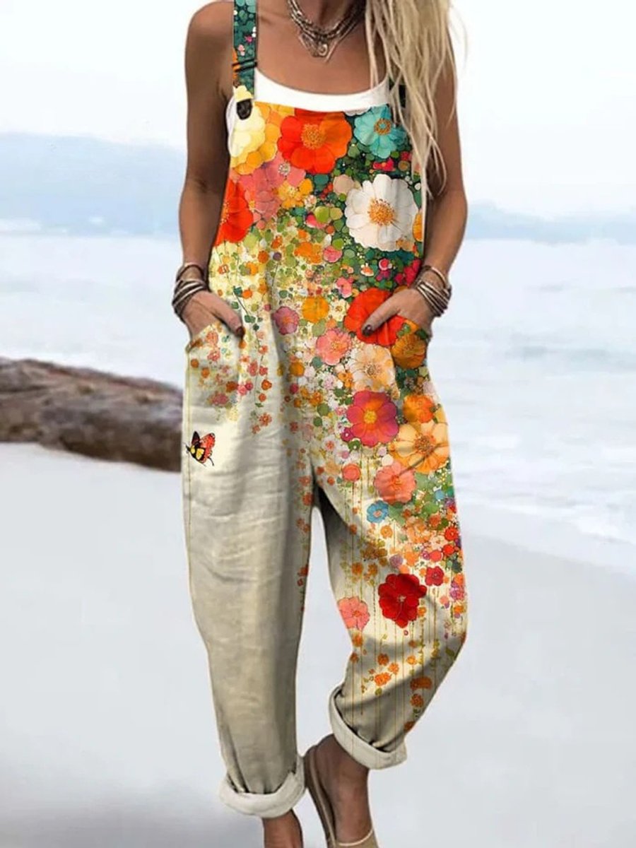 Women's Floral Print Wide Leg Pants Sleeveless Jumpsuit - Multicolour