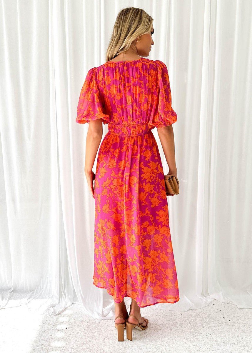 Women's Floral Puff-Sleeve V-Neck Midi Dress