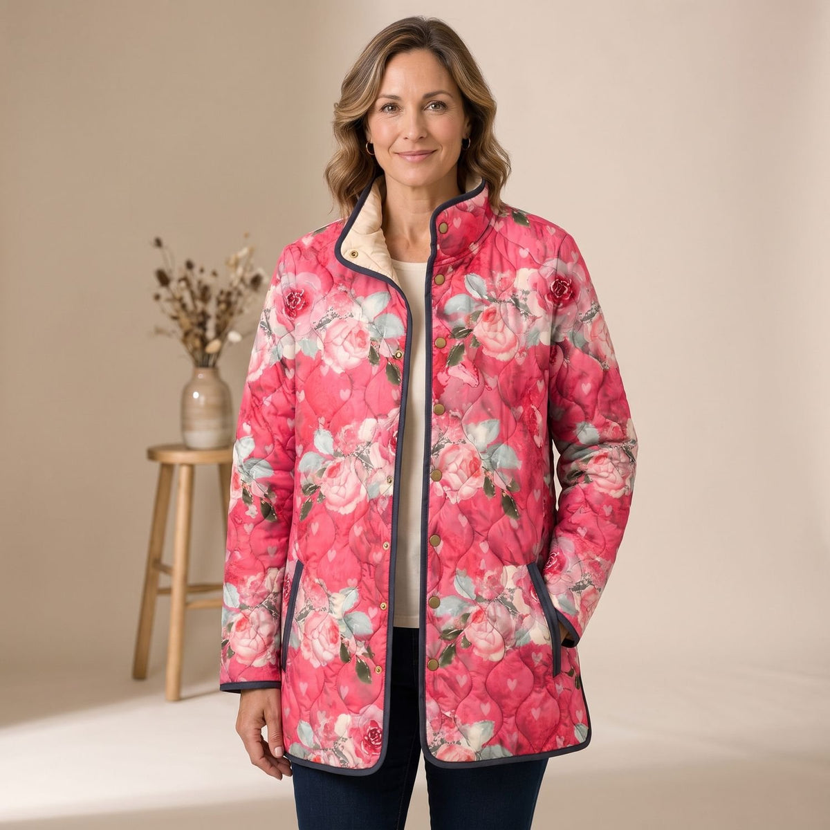 Women's Floral Quilted Jacket Lightweight Long Snap-Front Coat - Pink