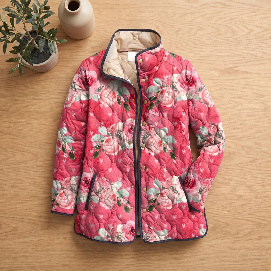 Women's Floral Quilted Jacket Lightweight Long Snap-Front Coat