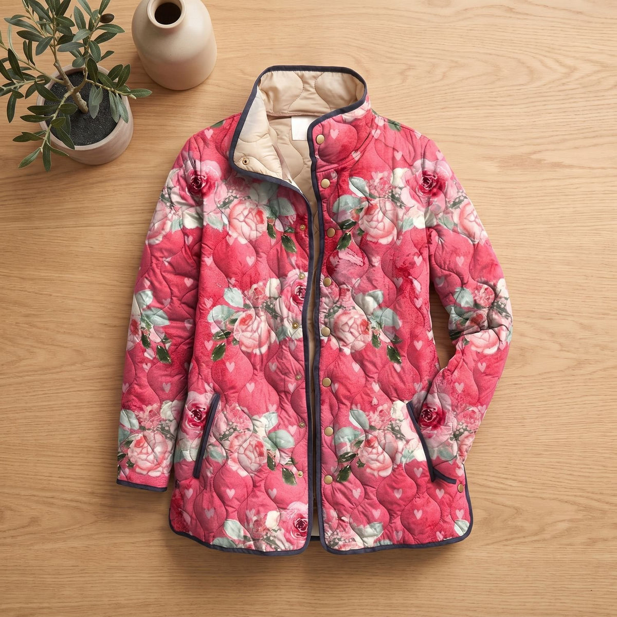 Women's Floral Quilted Jacket Lightweight Long Snap-Front Coat