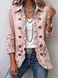 Women's Floral Ruffle Double-Breasted Hip-Length Jacket - Pink