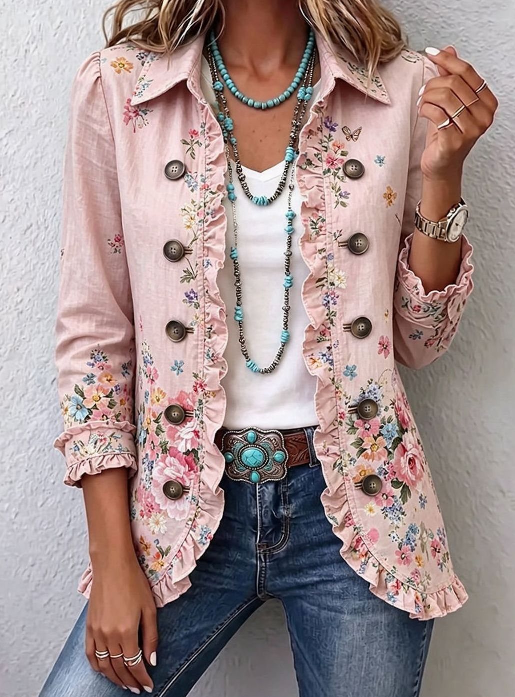 Women's Floral Ruffle Double-Breasted Hip-Length Jacket - Pink