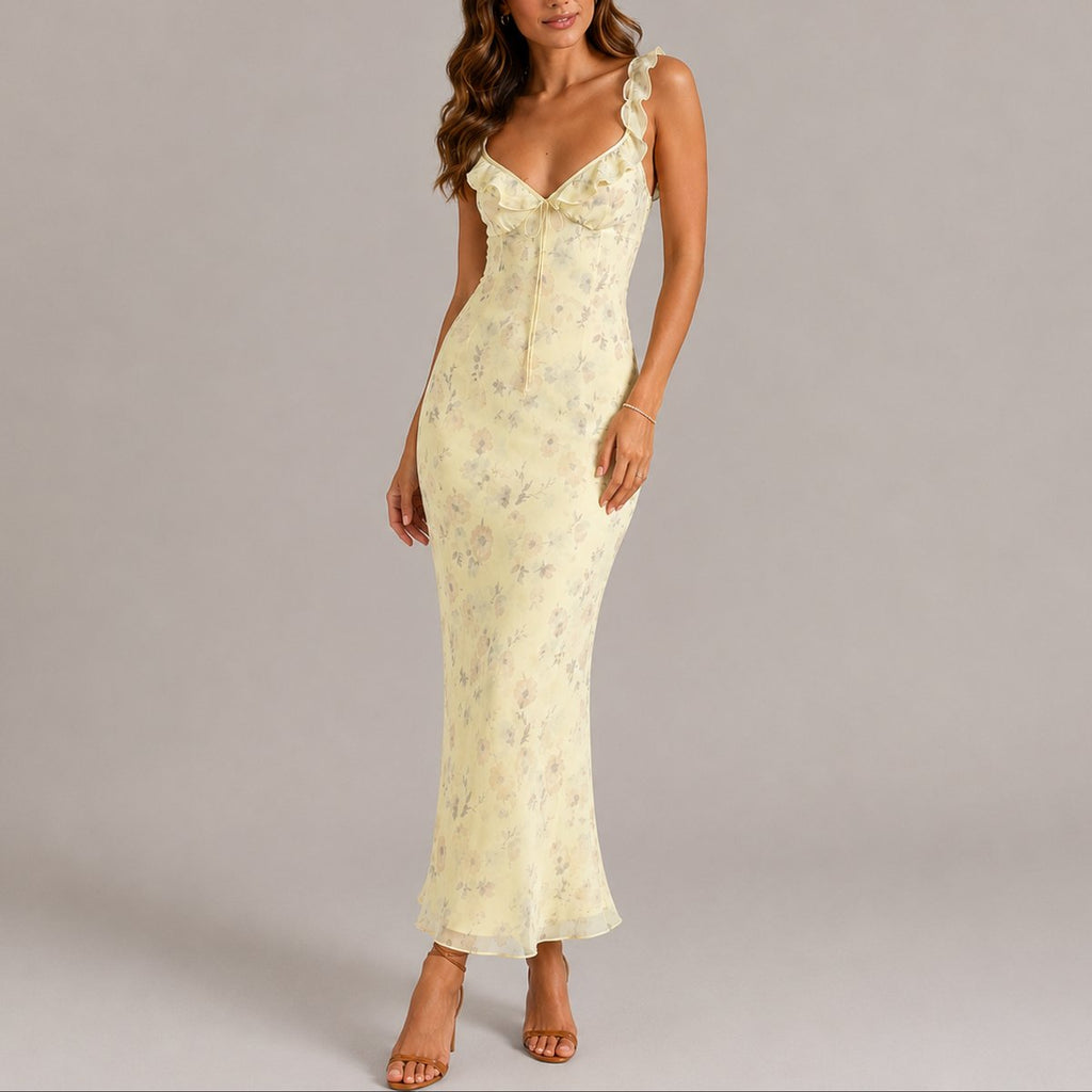 Women's Floral Ruffle Strap Maxi Fall Wedding Guest Dress - Yellow