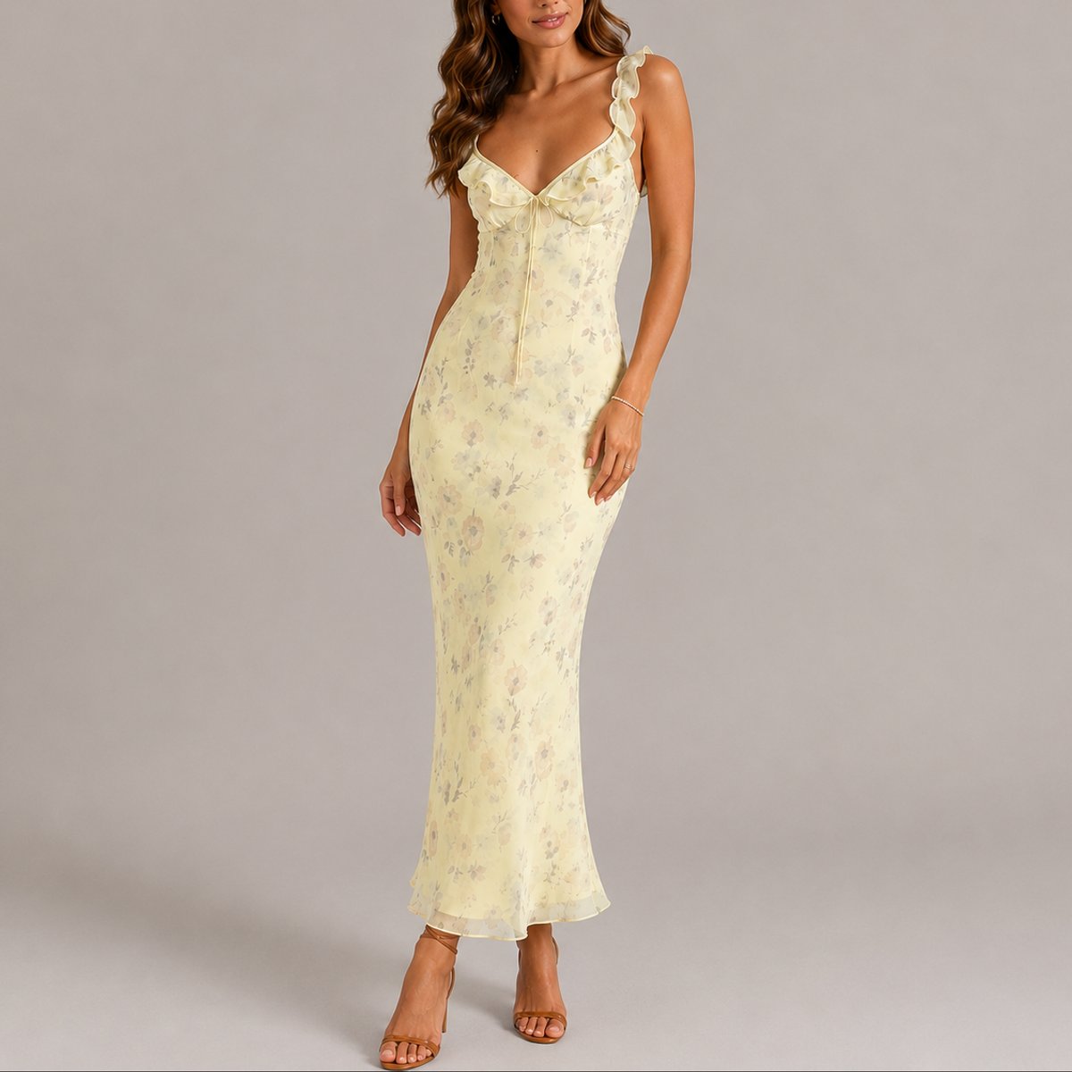 Women's Floral Ruffle Strap Maxi Fall Wedding Guest Dress - Yellow