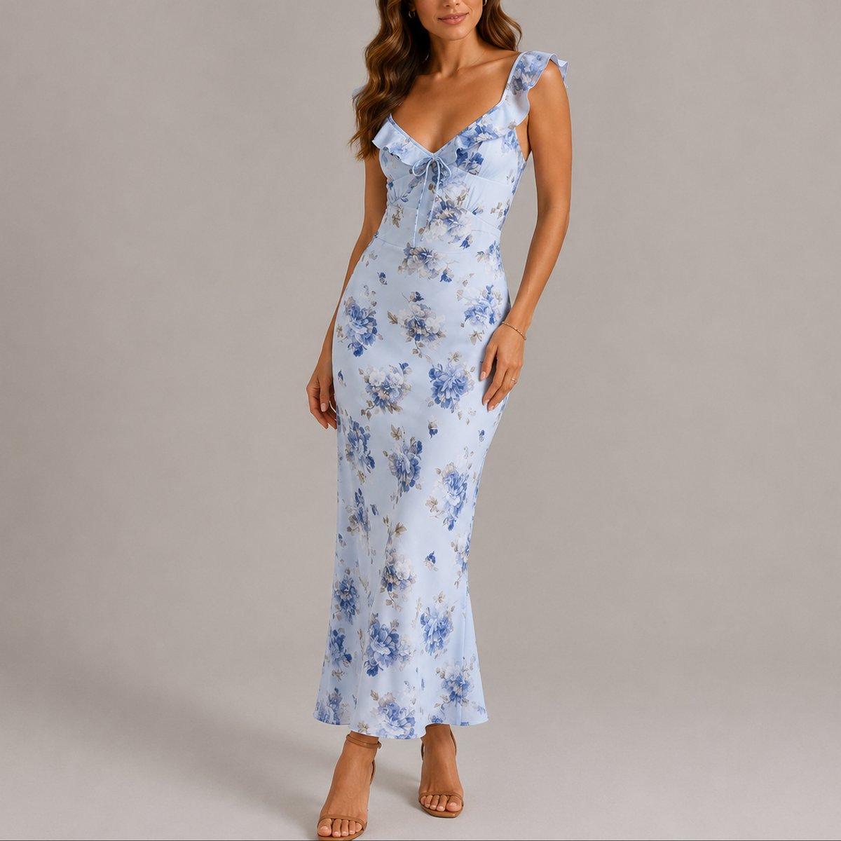 Women's Floral Ruffle Strap Maxi Fall Wedding Guest Dress - Blue