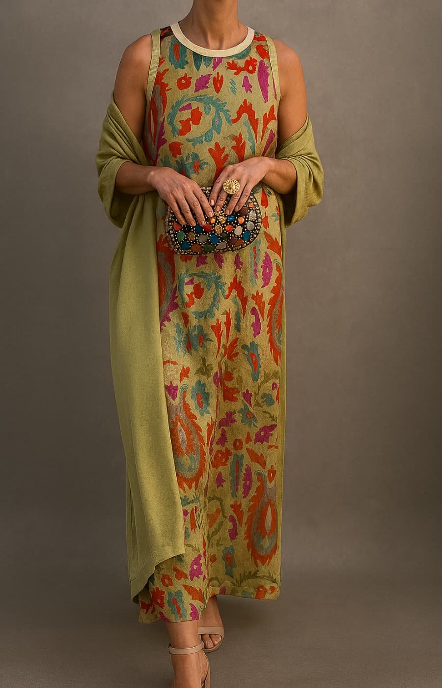 Women's Floral Sleeveless Maxi Dress Coat Set - Green
