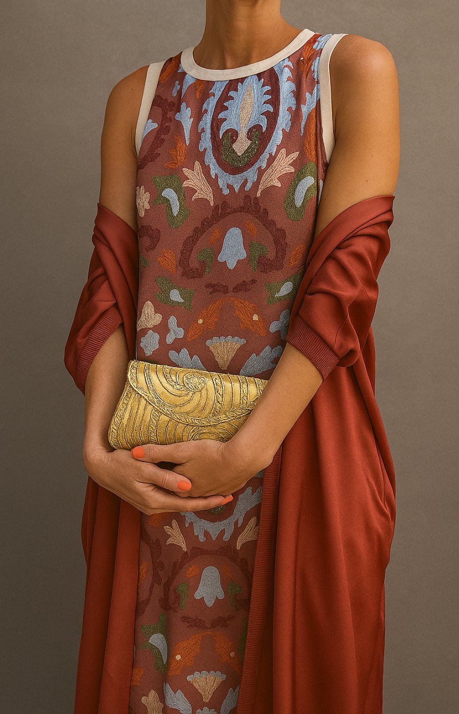 Women's Floral Sleeveless Maxi Dress Coat Set - Brown