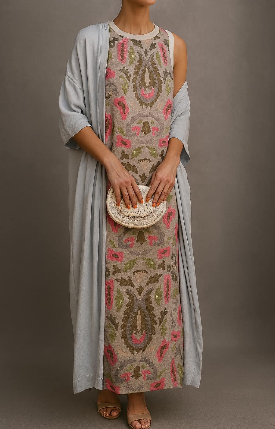 Women's Floral Sleeveless Maxi Dress Coat Set - Khaki