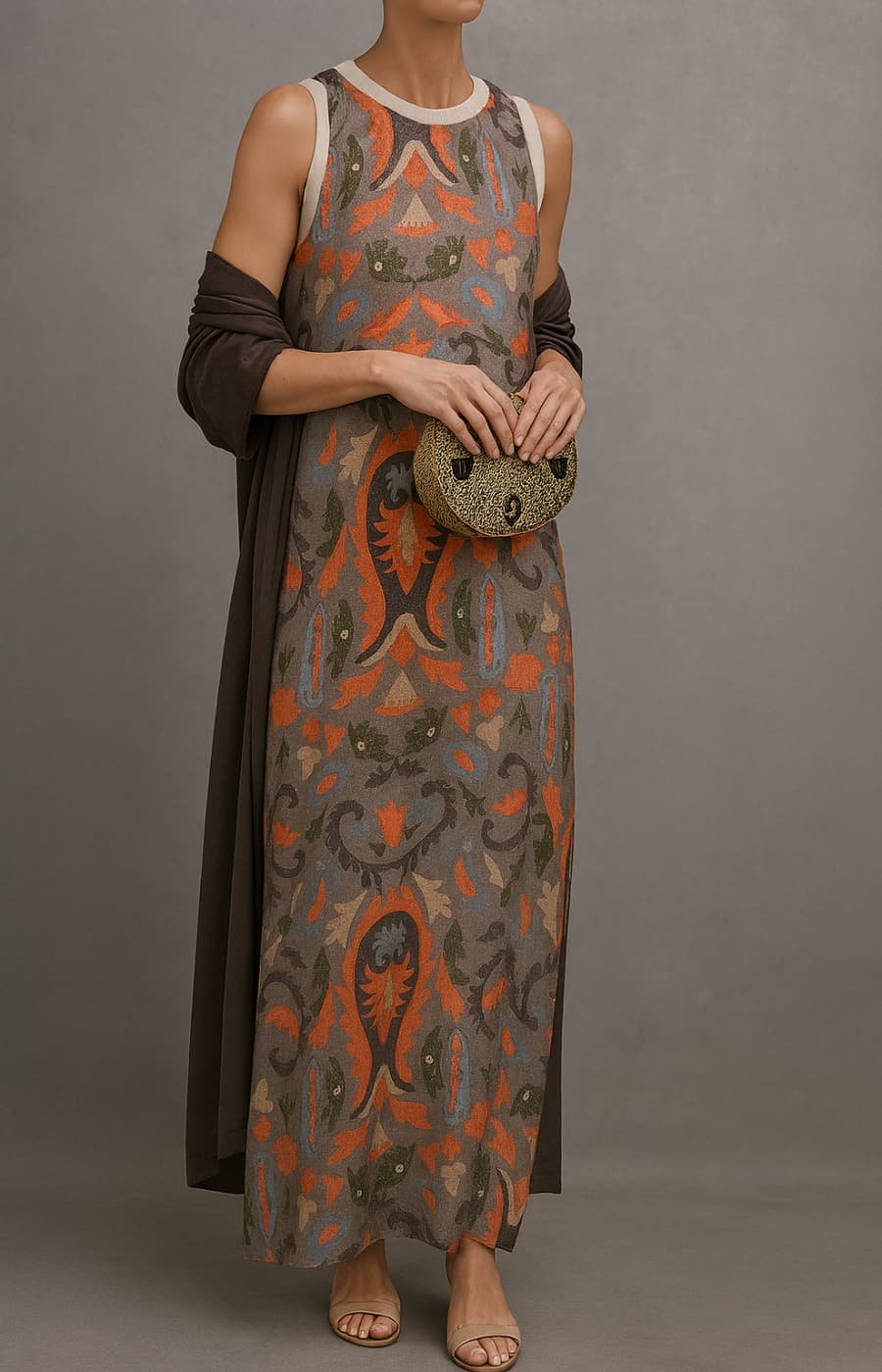 Women's Floral Sleeveless Maxi Dress Coat Set - Gray