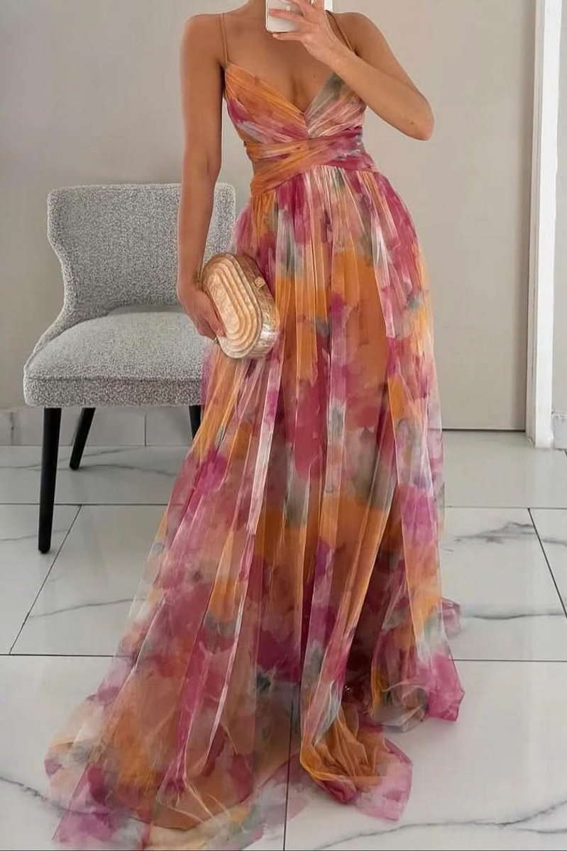 Women's Floral Tulle Spaghetti-Strap Maxi Cocktail Dress - Orange