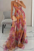 Women's Floral Tulle Spaghetti-Strap Maxi Cocktail Dress - Orange