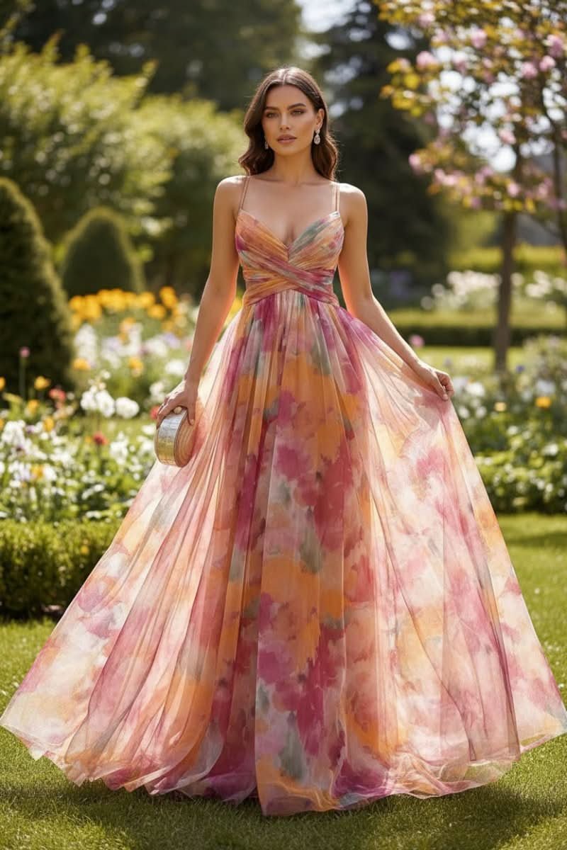 Women's Floral Tulle Spaghetti-Strap Maxi Cocktail Dress