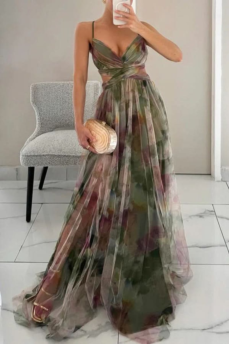 Women's Floral Tulle Spaghetti-Strap Maxi Cocktail Dress - Green