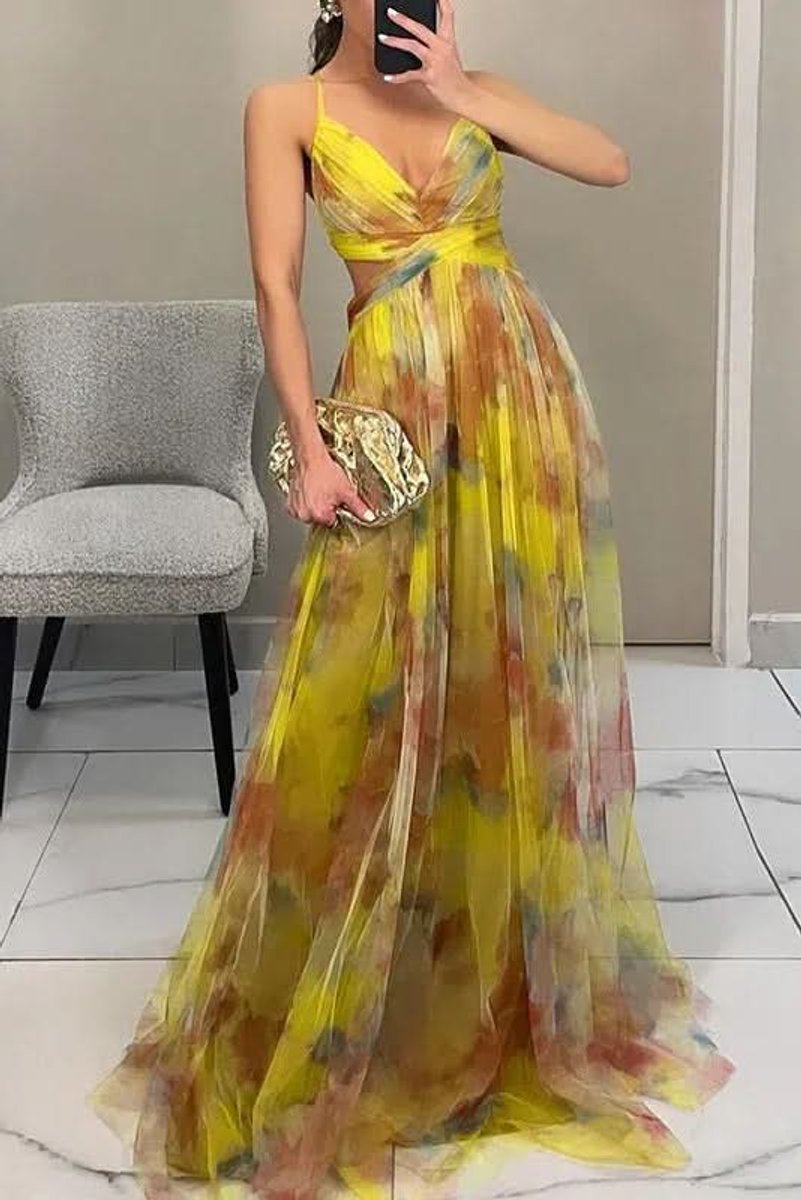 Women's Floral Tulle Spaghetti-Strap Maxi Cocktail Dress - Yellow