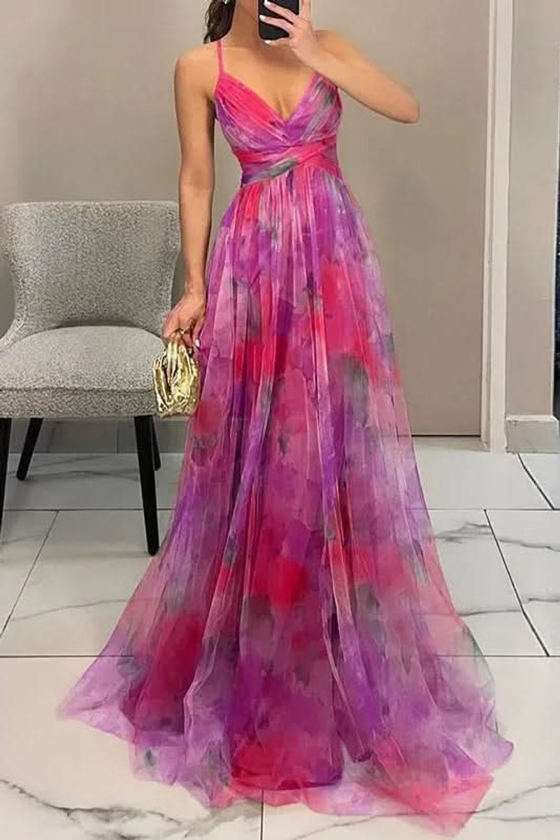 Women's Floral Tulle Spaghetti-Strap Maxi Cocktail Dress - Pink