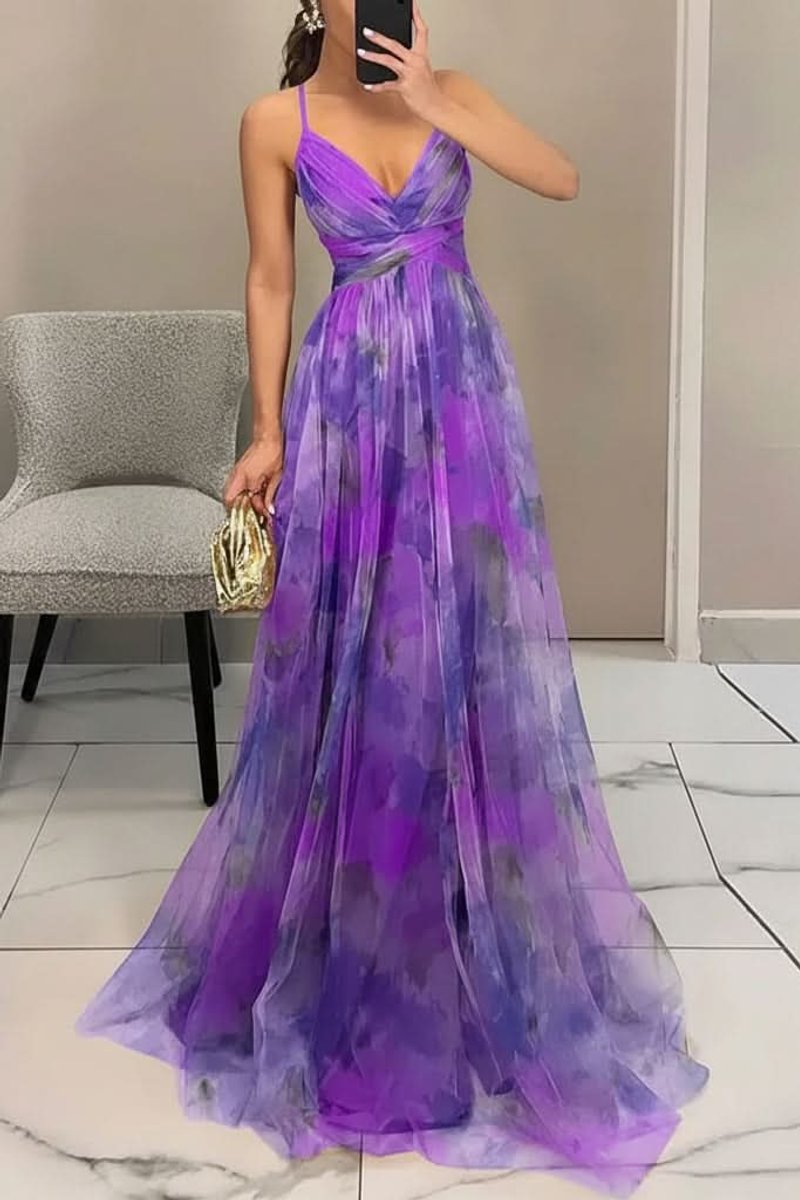 Women's Floral Tulle Spaghetti-Strap Maxi Cocktail Dress - Purple