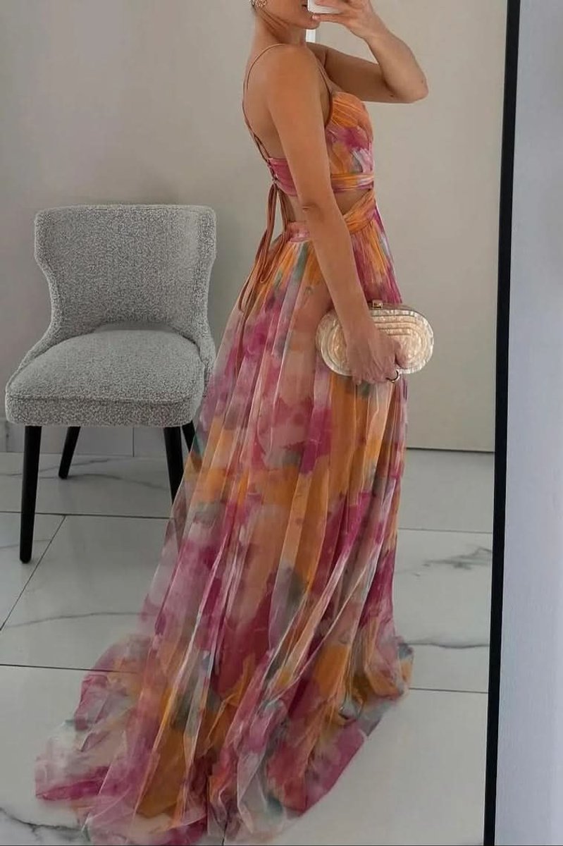 Women's Floral Tulle Spaghetti-Strap Maxi Cocktail Dress