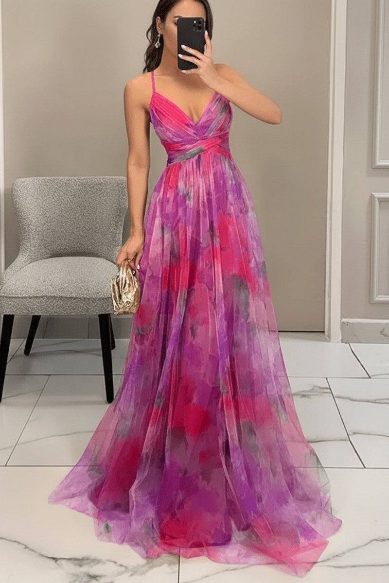 Women's Floral Tulle Spaghetti-Strap Maxi Cocktail Dress