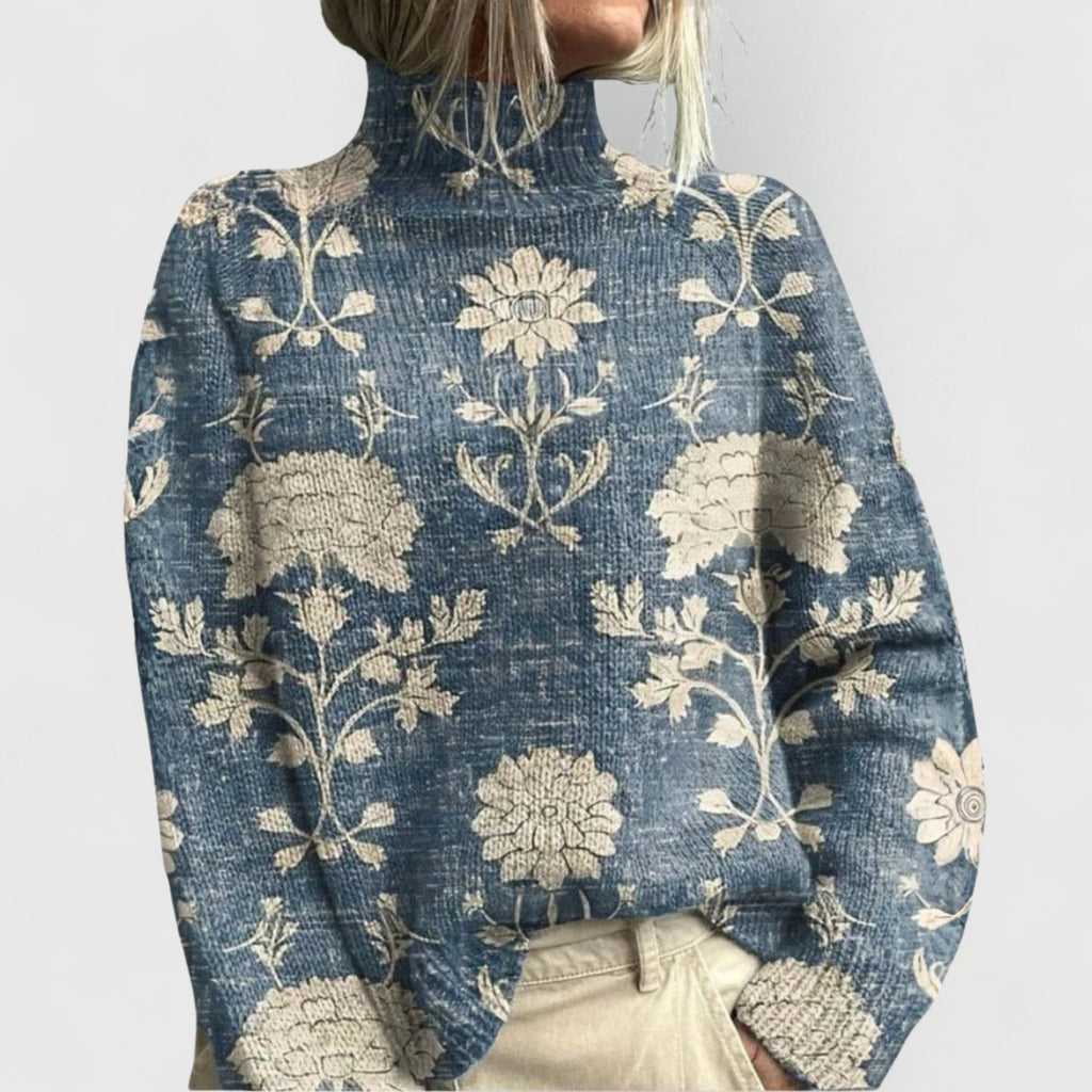 Women's Floral Turtleneck Relaxed-Fit Knit Sweater - Light Blue