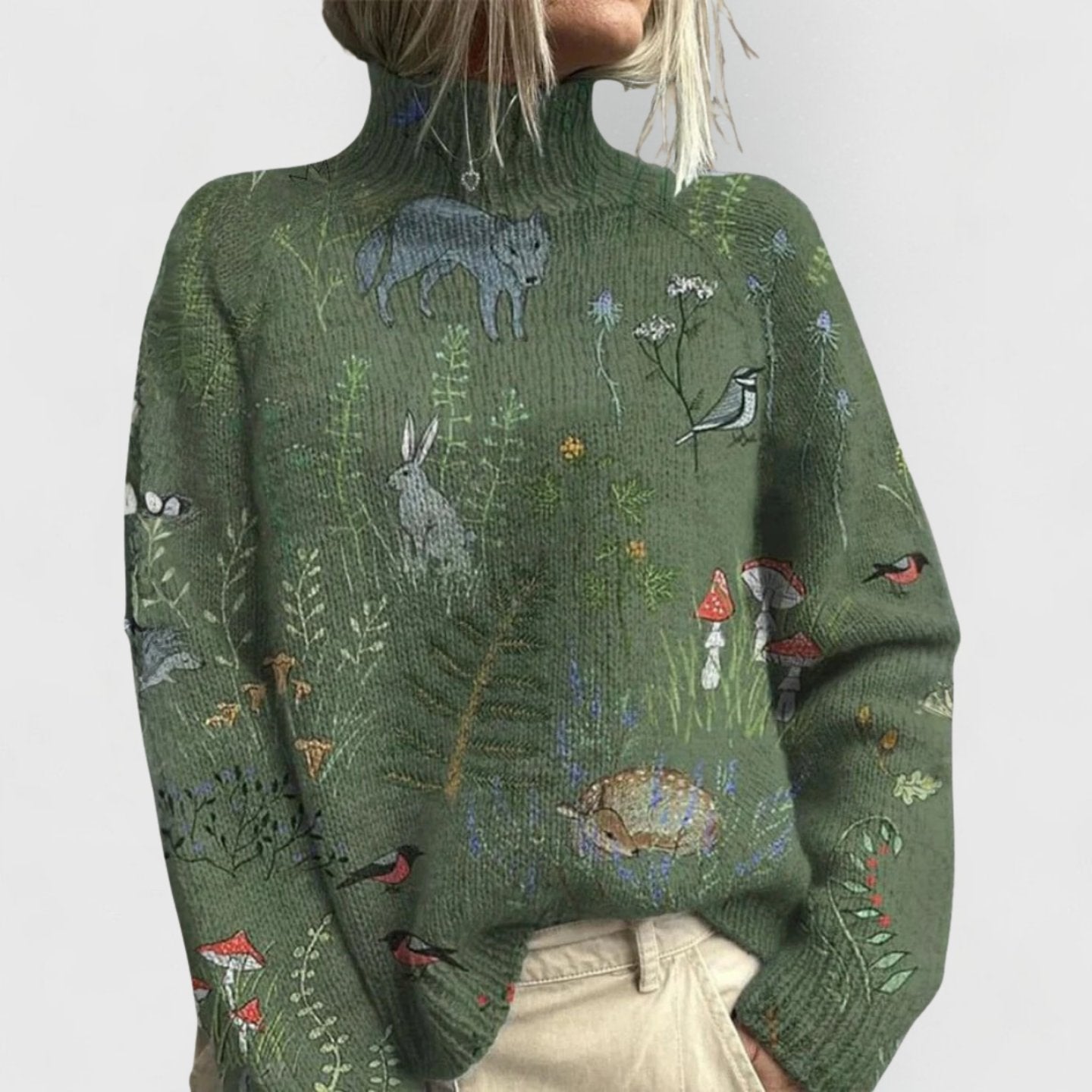 Women's Floral Turtleneck Relaxed-Fit Knit Sweater - Green