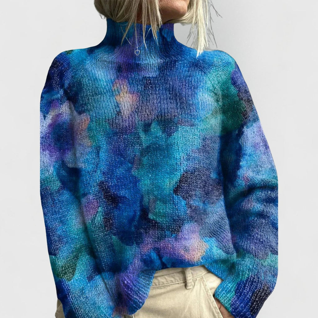 Women's Floral Turtleneck Relaxed-Fit Knit Sweater - Blue